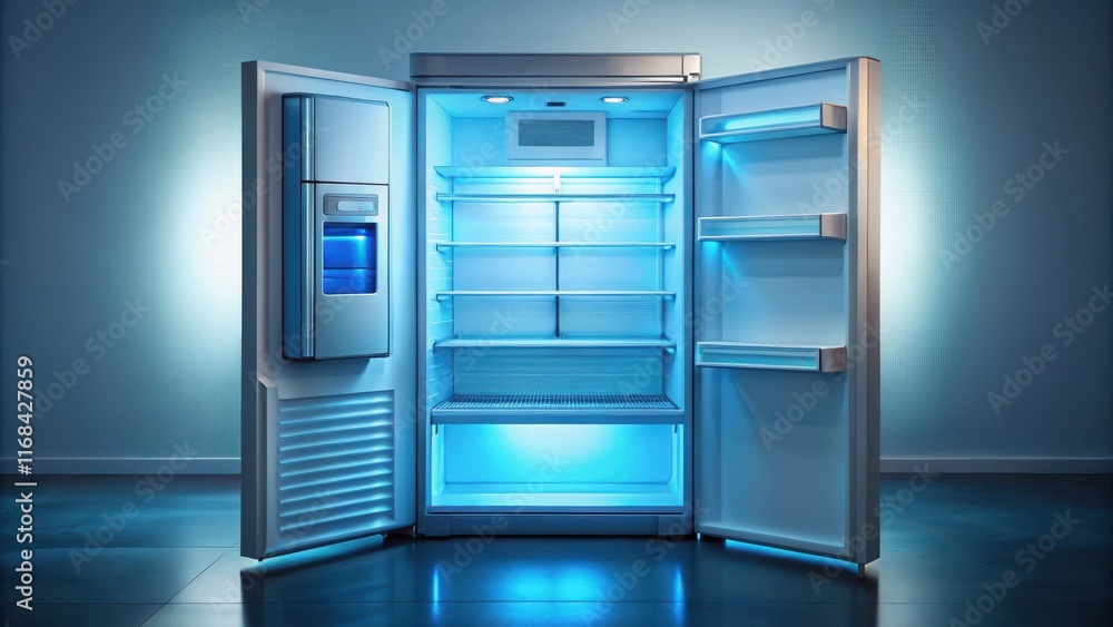 Empty Modern Fridge with Blue Light Interior, refrigerator, blue glow Empty Modern Fridge with Blue Light Interior, refrigerator, blue glow