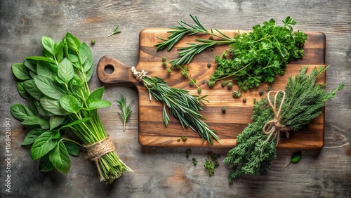 Muted watercolor background with lush culinary herbs and plants, including rosemary, thyme, and parsley, arranged artfully on a wooden cutting board , woodencuttingboard, botanical photo