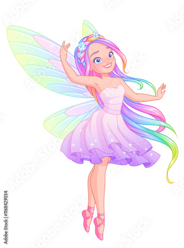 Beautiful fairy with wings and long iridescent hair. Cartoon vector illustration isolated on white background.