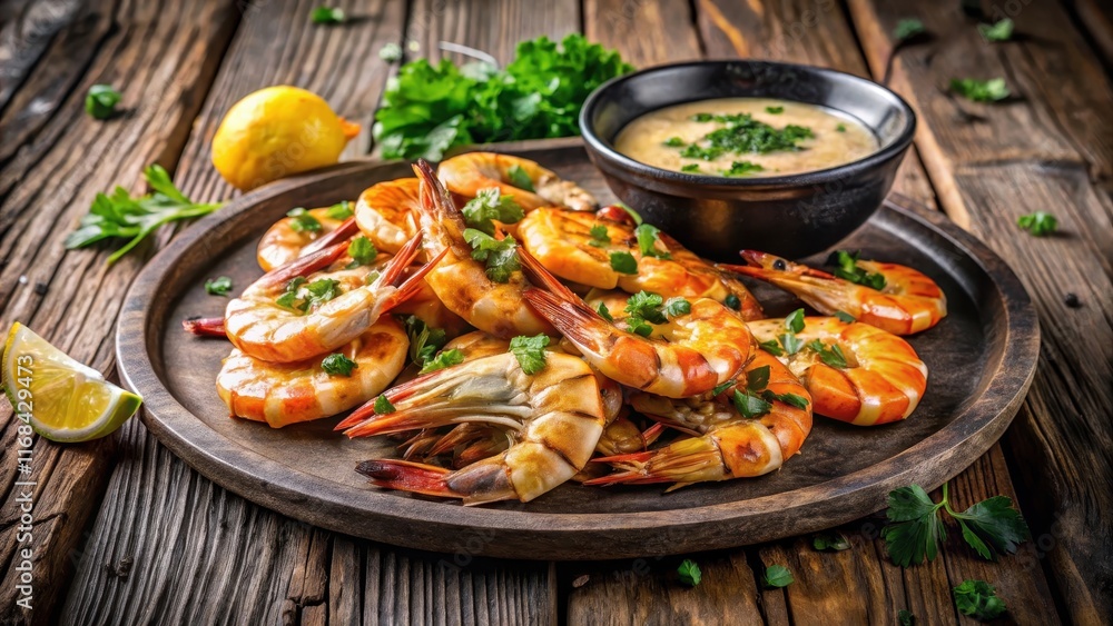 Sizzling grilled shrimps on a stone plate with garlic butter sauce and fresh parsley garnish Sizzling grilled shrimps on a stone plate with garlic butter sauce and fresh parsley garnish