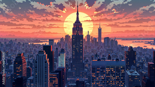 New York City skyline at sunset with skyscrapers. Illustration