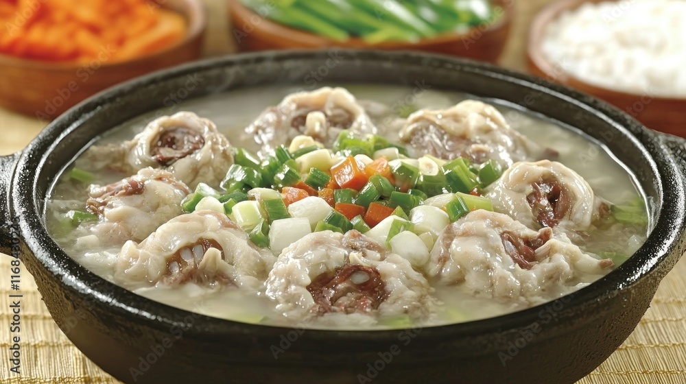A steaming bowl of savory meat soup garnished with vegetables. A steaming bowl of savory meat soup garnished with vegetables.