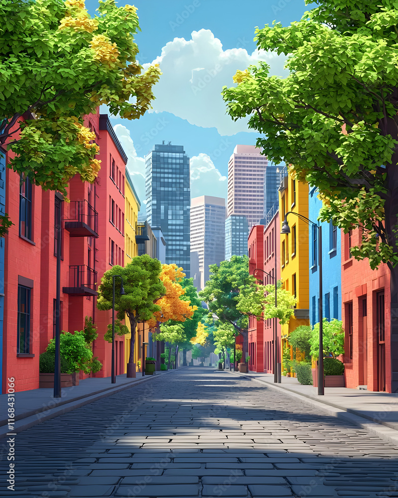 Vibrant City Street, Colorful Buildings, Sunny Day Vibrant City Street, Colorful Buildings, Sunny Day