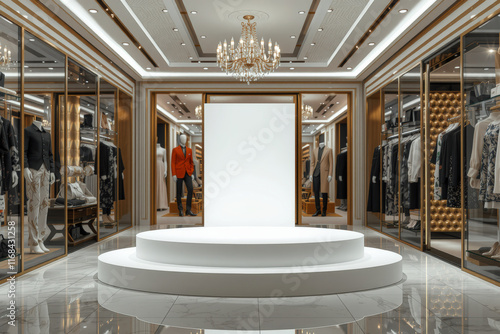 modern fashion showroom featuring circular podium, elegant lighting, and stylish clothing displays. luxurious atmosphere invites creativity and inspiration photo