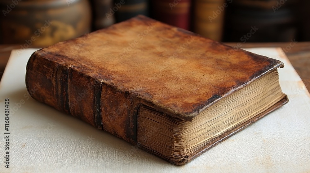 Antique leather-bound book on a white surface. Antique leather-bound book on a white surface.