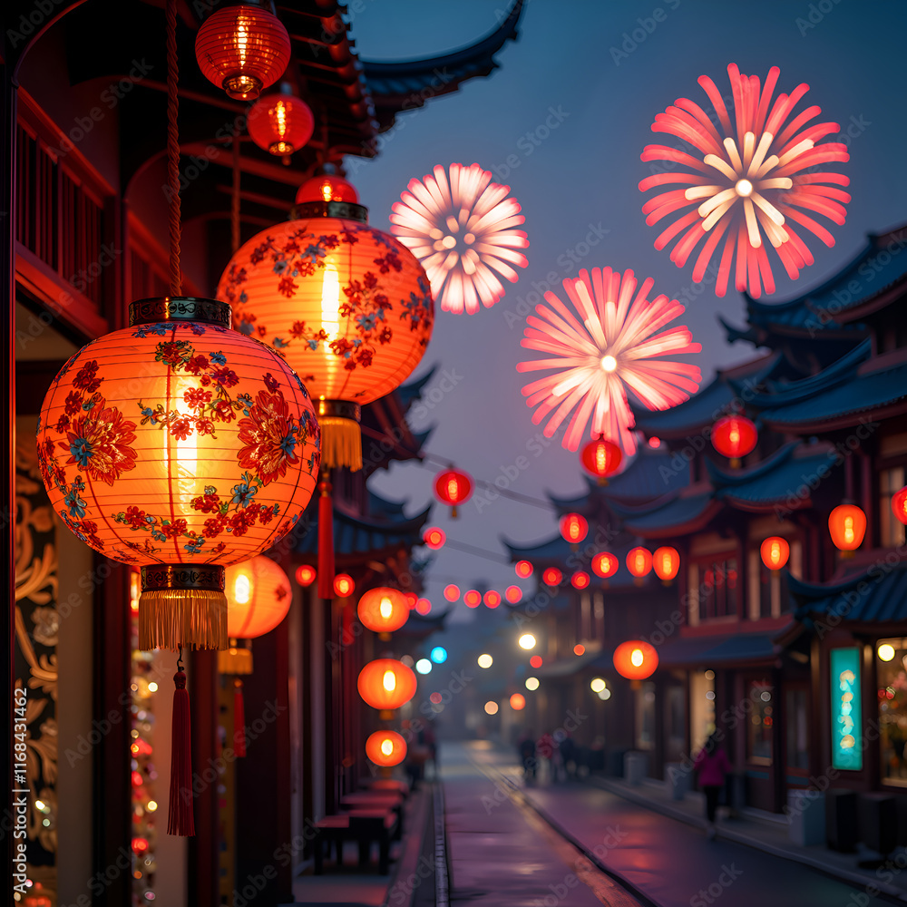 A serene evening of lanterns and fireworks in a vibrant celebration of light, digital art of cultural celebration concept. A serene evening of lanterns and fireworks in a vibrant celebration of light, digital art of cultural celebration concept.