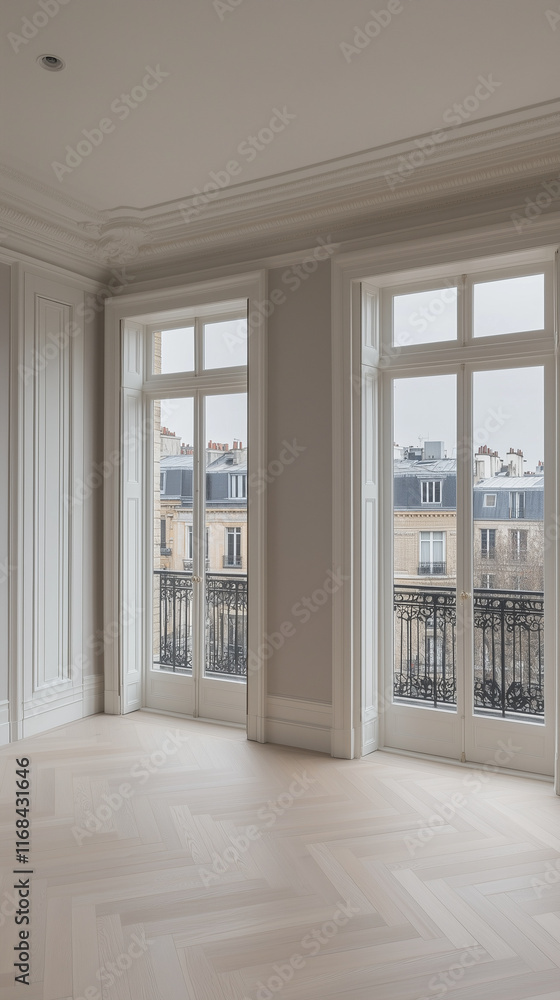 Fototapeta premium Elegant empty room with large French windows, light wooden floor, and classic architectural details.