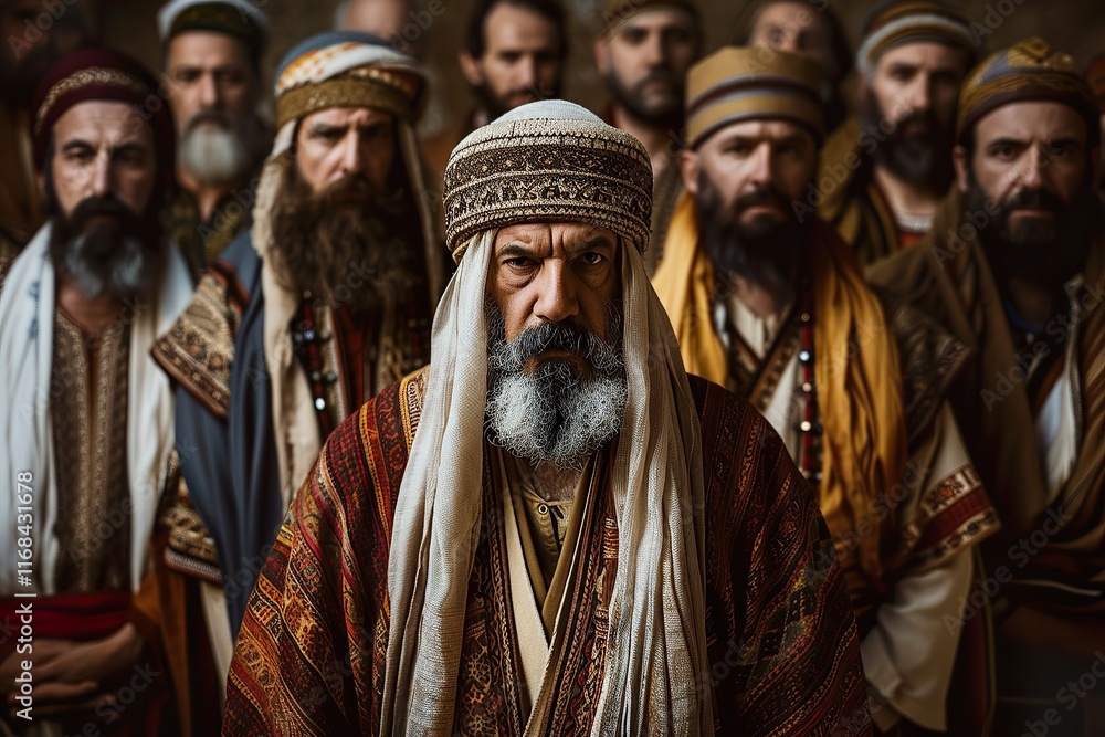 Obraz premium Hebrew leader with followers in traditional dress