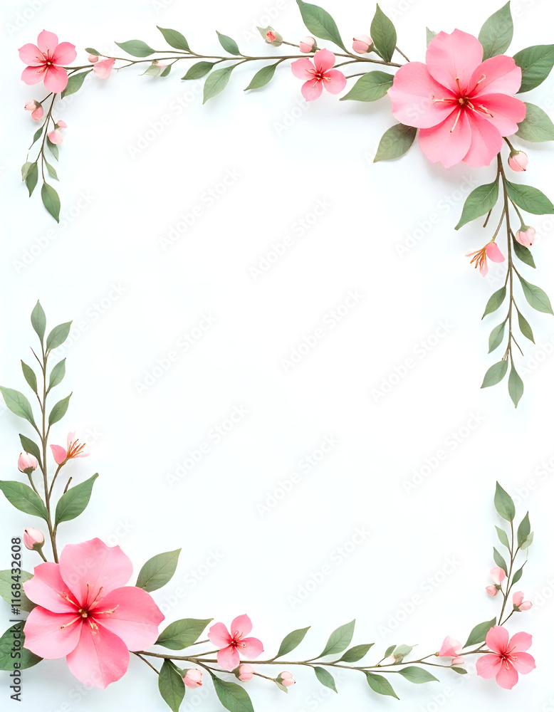 Fototapeta premium Vintage Floral Frame with Pink Blossoms and Ornamental Leaves for Elegant Designs