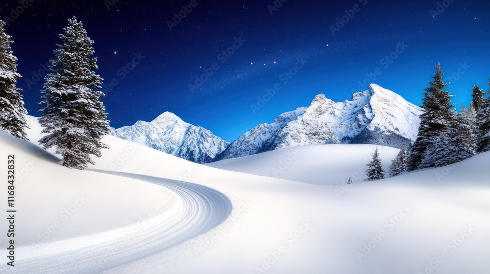 Serene winter landscape with snow-covered mountains and trees. Serene winter landscape with snow-covered mountains and trees.
