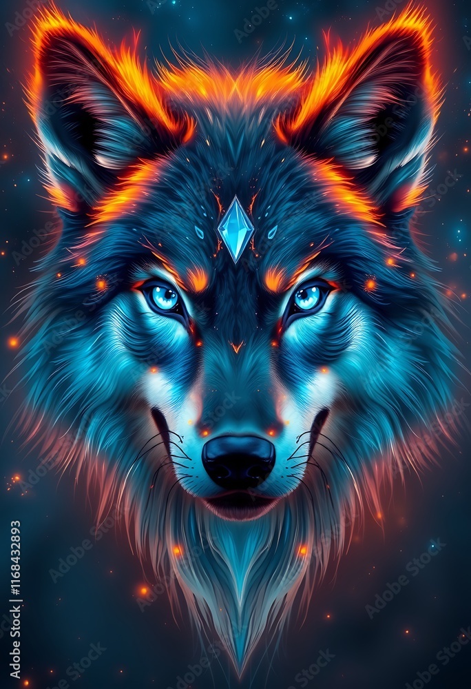 Naklejka premium Fiery Blue Wolf Mystical Portrait Glowing Crystal Headshot