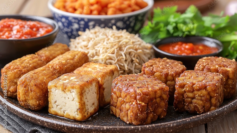 A platter of various plant-based protein dishes and garnishes. A platter of various plant-based protein dishes and garnishes.