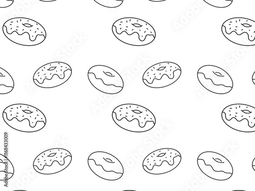 Doughnut minimalist and simple seamless pattern. Donuts with glaze.  Coloring Page. Sweet doughnuts. Chocolate confectionery. Hand drawn style. Vector drawing. Design ornaments.
