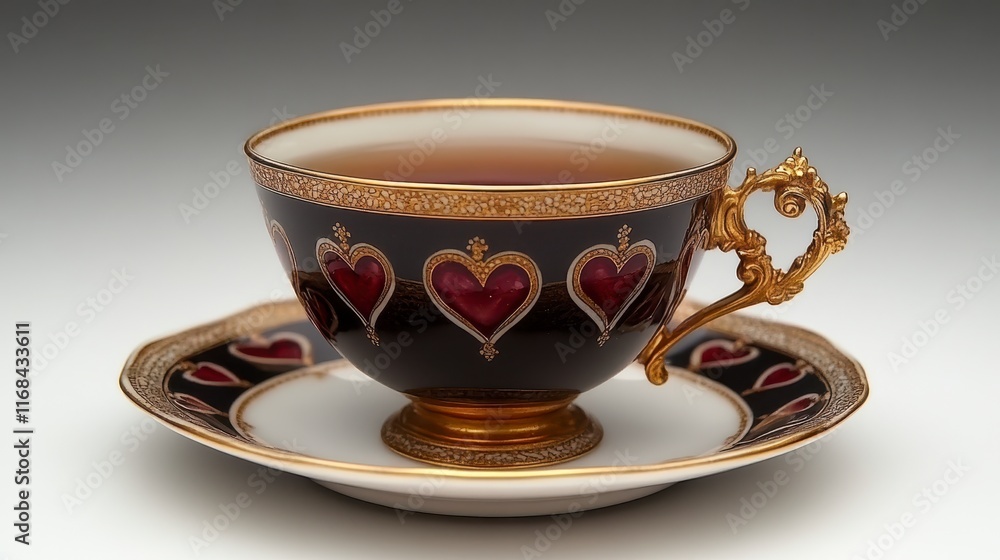 Fototapeta premium Elegant teacup and saucer with heart design, filled with tea.