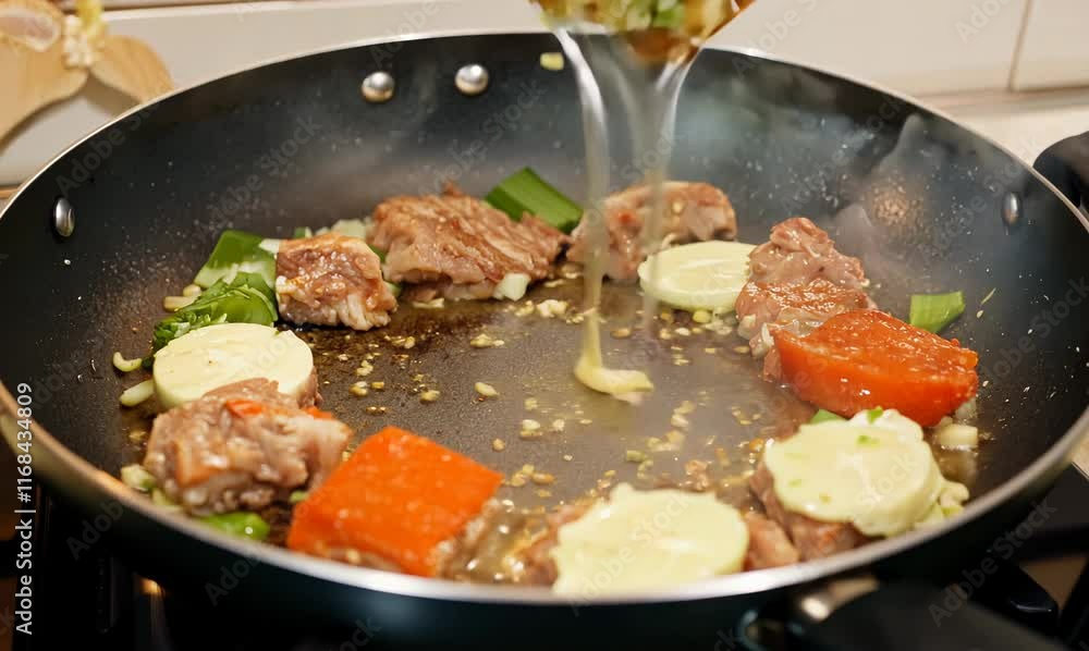 the art of frying: meat and vegetables in a beautifully organized kitchen the art of frying: meat and vegetables in a beautifully organized kitchen