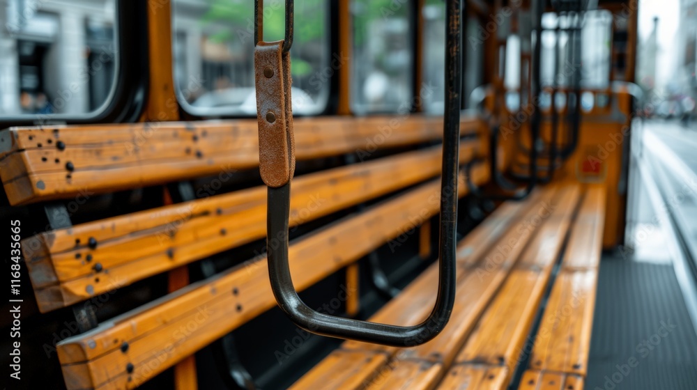 Cable Car Day. Nostalgic view of an empty vintage cable car interior with wooden seats. Cable Car Day. Nostalgic view of an empty vintage cable car interior with wooden seats.