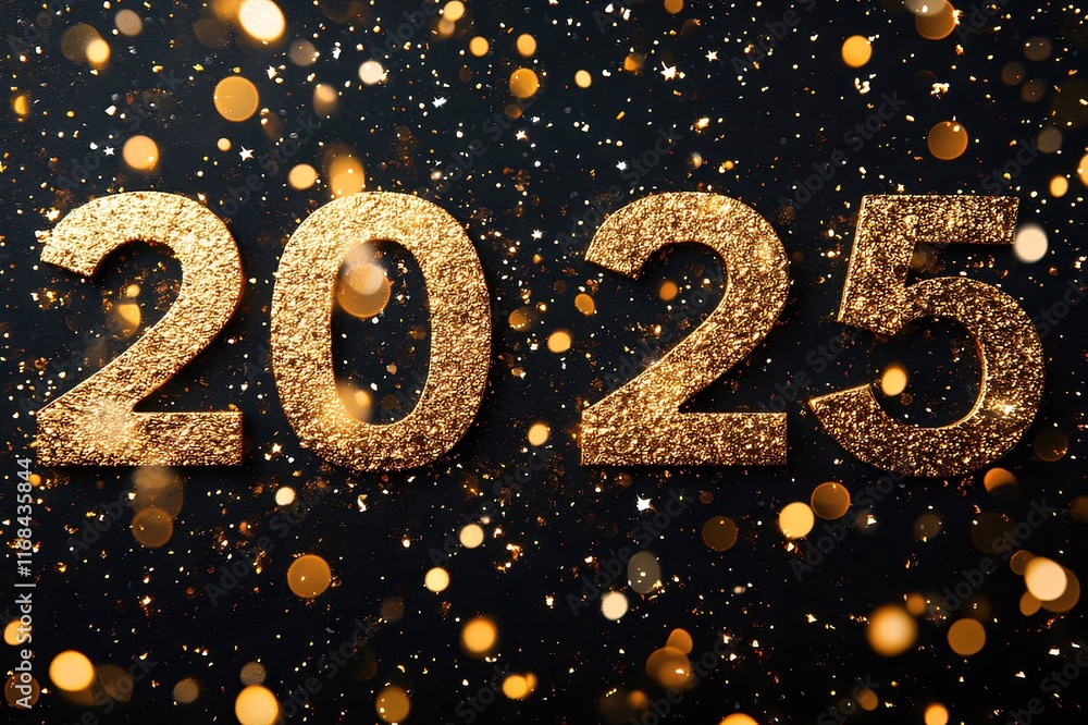 Glittering gold 2025 on dark background with bokeh lights. Glittering gold 2025 on dark background with bokeh lights.