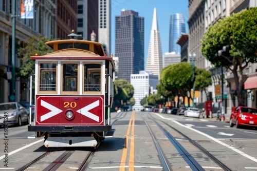 Cable Car Day. Iconic yellow cable car ascending above the urban skyline with clear blue skies in the background.