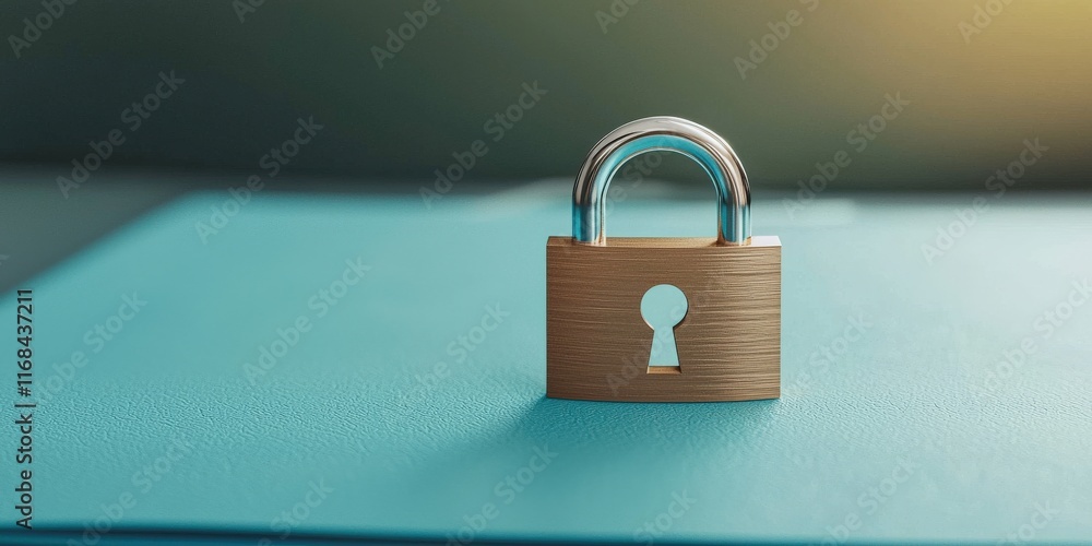 Naklejka premium health info data privacy concept. A shiny padlock on a teal surface symbolizes security and protection.