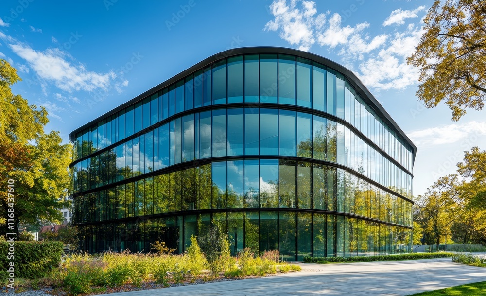 Modern glass office building with landscaping. Modern glass office building with landscaping.