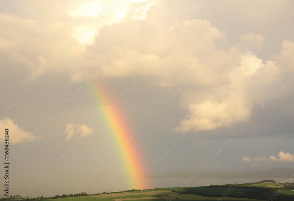 Rainbow Arc Over Lush Green Fields Cloudy Sky Rainbow Arc Over Lush Green Fields Cloudy Sky