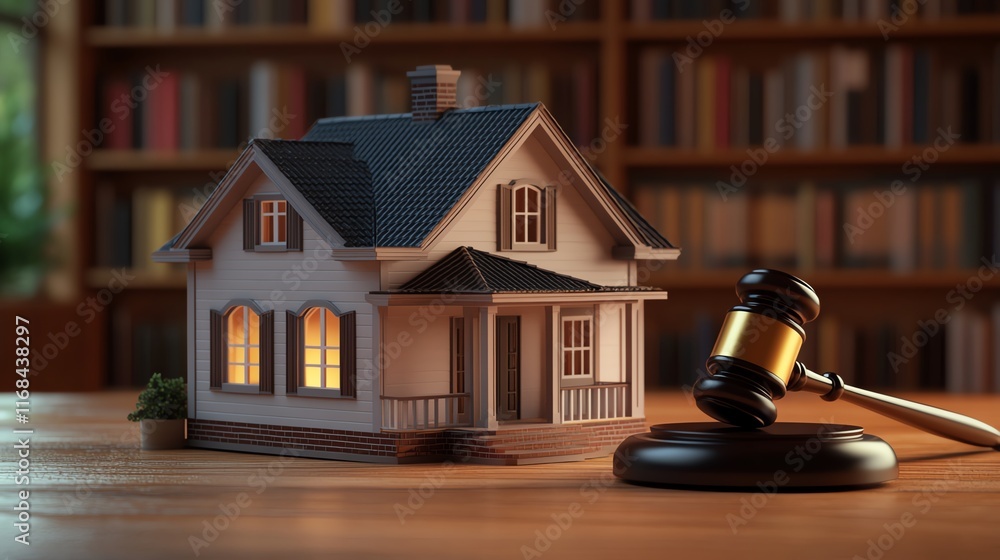 Model house with gavel on desk in library. Model house with gavel on desk in library.