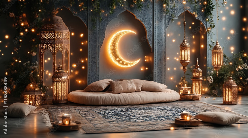 Obraz premium Serene Moroccan Room Decorated With Lanterns And Moon