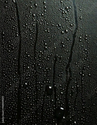 Rain water drops on glass smooth black surface, falling gently creating reflections, forming distinct patterns, tiny droplets shimmering, irregular shapes, creating mesmerizing visual effects, surface