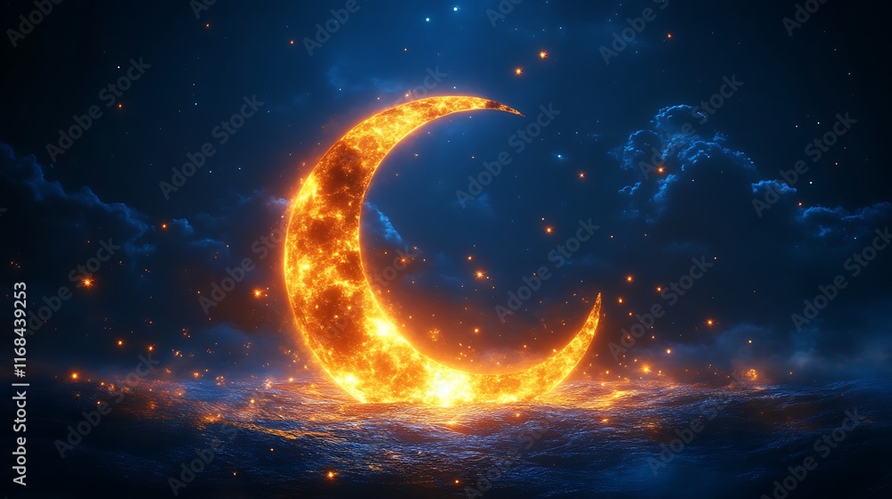 Obraz premium Fiery Crescent Moon Over Dark Night Ocean