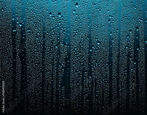 Condensation water drops on black window background, creating a textured appearance. Rain droplets accumulate on surface, capturing light reflections, forming small shimmering spheres scattered across