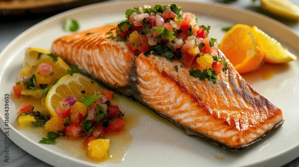 Roasted salmon with citrus salsa on a white plate with marbled background Roasted salmon with citrus salsa on a white plate with marbled background