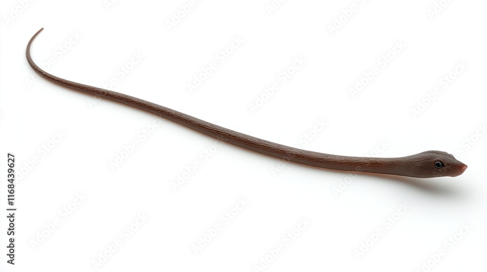 A long, slender creature resembling a snake or eel, showcasing its smooth, dark body. A long, slender creature resembling a snake or eel, showcasing its smooth, dark body.