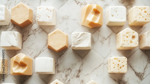 Assorted Cheeses Arranged in a Geometric Pattern on a Marble

 photo