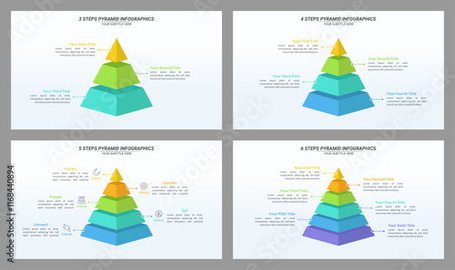 3 up to 6 Steps Pyramid Infographic with Editable Text on a 16:9 Layout for Business Presentation, Poster, Banner and Booklet.