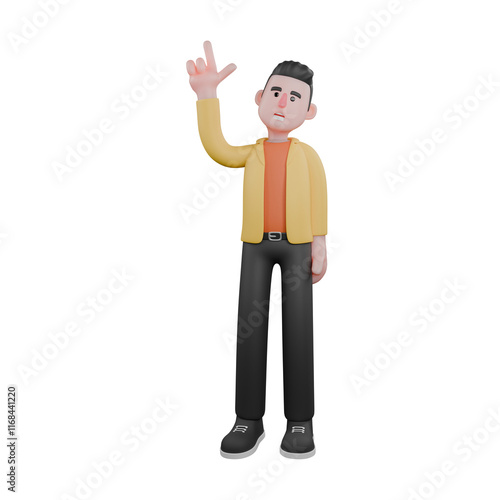 Designer Skills Set Characters 3D Model. A male designer set stands with his hand pointing up and his head slightly tilted, an expression of looking at something above. Cartoon Style
