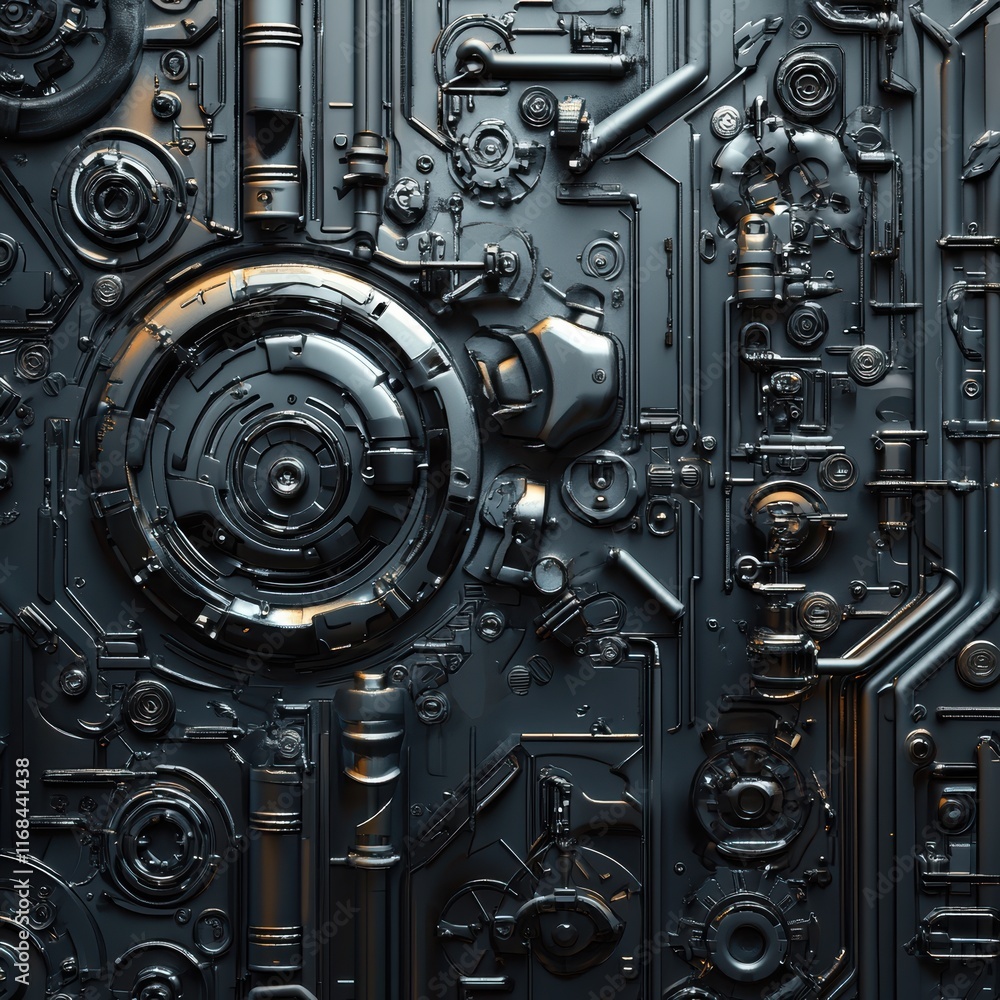 A complex arrangement of interconnected mechanical components creates a visually rich background. The dark metallic hues highlight the various shapes and textures A complex arrangement of interconnected mechanical components creates a visually rich background. The dark metallic hues highlight the various shapes and textures
