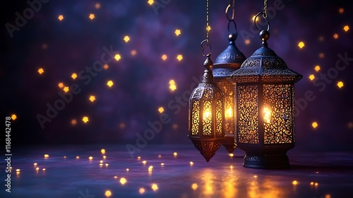 Illuminated Moroccan Lanterns Hanging Against A Starry Night