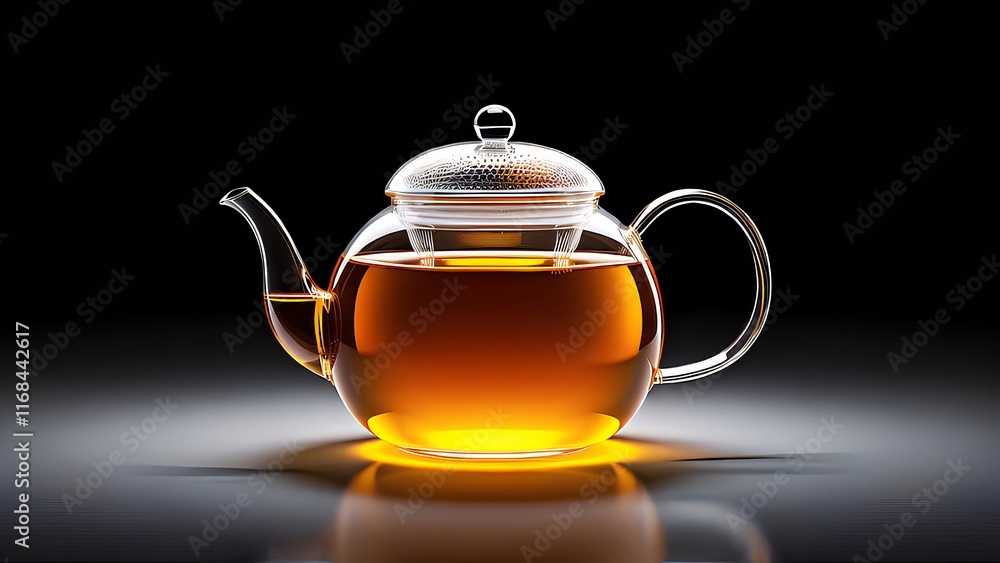 Glass teapot with brewed tea, illuminated from below on dark background. Glass teapot with brewed tea, illuminated from below on dark background.