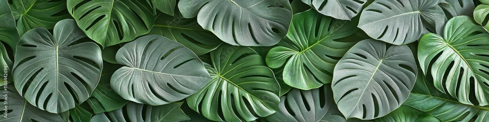 Obraz premium Monstera leaves forming a lush tropical wall with vibrant green tones and a seamless natural arrangement.