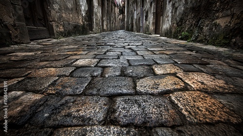 Textured cobblestone pathway in a narrow alleyway with aged buildings and rich history