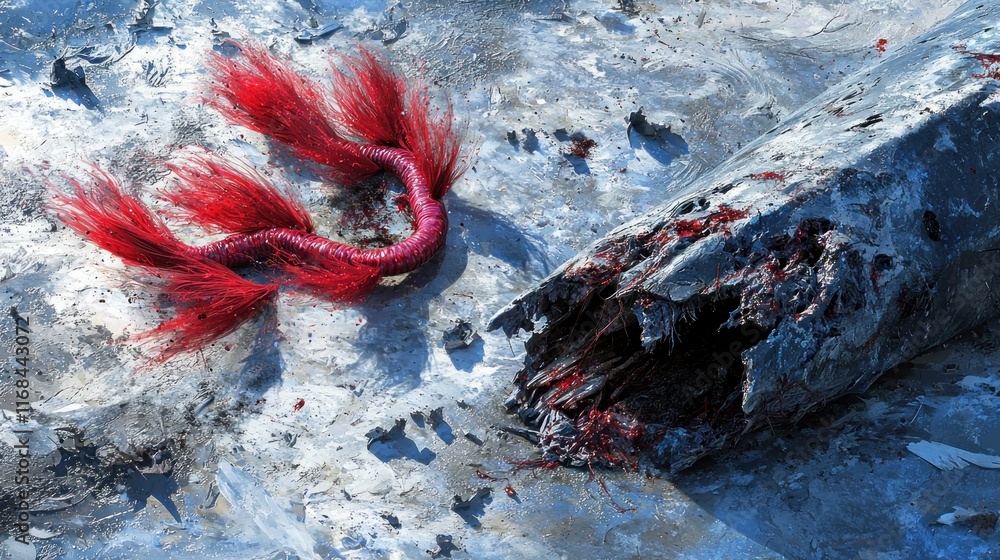 A disturbing scene with a red object and a damaged structure. A disturbing scene with a red object and a damaged structure.