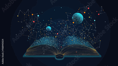 Starry Open Book with Celestial Elements: Abstract Space Universe Concept Illustration for Knowledge, Imagination, and Learning in Minimalist Vector Style