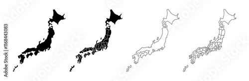 Silhouette of Japan,Line drawing of Japan map,Japan map separated by prefectures