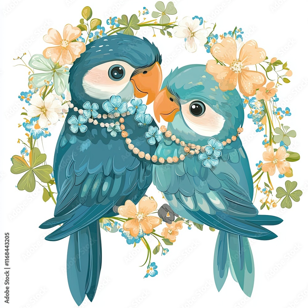Obraz premium Cute Parrots with Shamrock Necklaces and Floral 