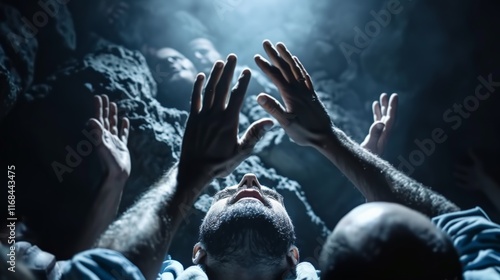 Day of Judgment.A group of diverse hands reaching upwards in dramatic lighting, symbolizing unity, hope, and aspiration. photo