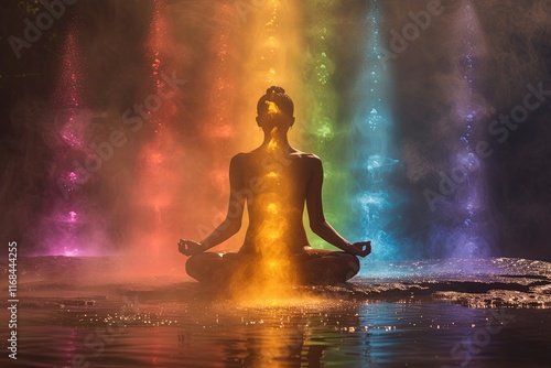 Meditating Woman with Vibrant Chakra Energy Streams