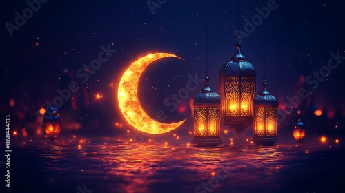 Illuminated Crescent Moon and Festive Lanterns at Night