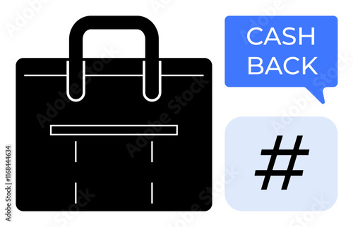 Business bag next to a speech bubble with Cash Back inside and a metadata tag symbol conveys retail rewards. Ideal for online shopping, social media, marketing, branding, finance, e-commerce