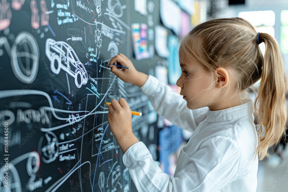 Kid investors Day. A girl sketching on a blackboard filled with technical drawings, illustrating creativity, learning, and innovative thinking. Kid investors Day. A girl sketching on a blackboard filled with technical drawings, illustrating creativity, learning, and innovative thinking.