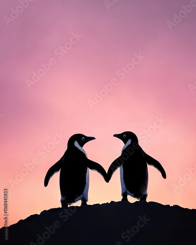 Two penguins holding hands against a colorful sunset backdrop.